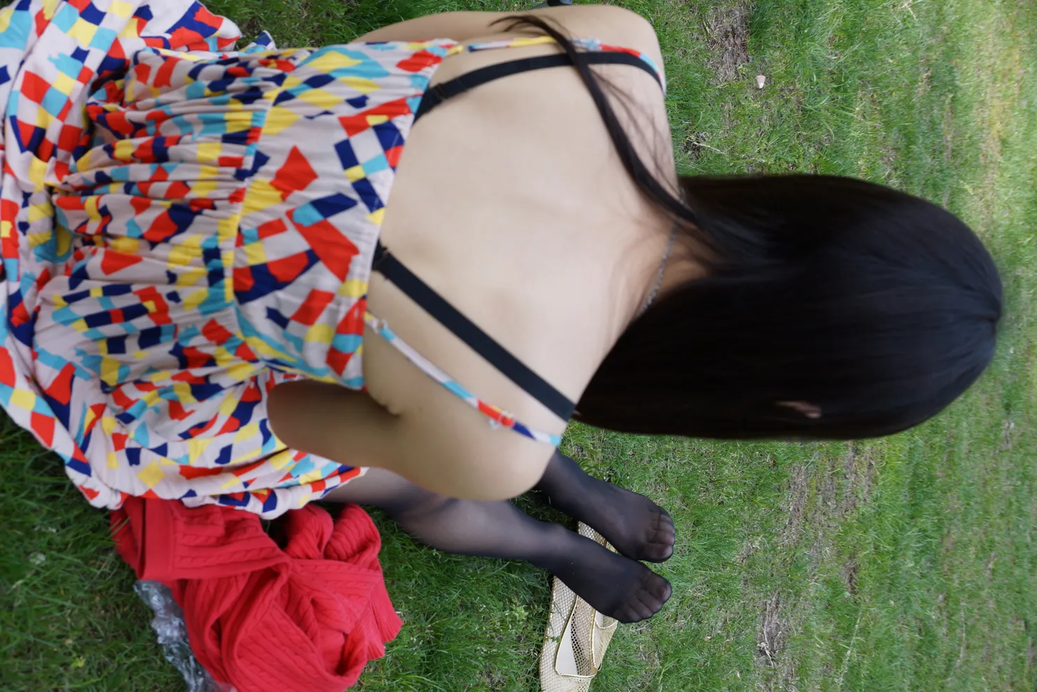 [Mzsock] NO.031 Long black silk on the grass street photography#[56P]-1